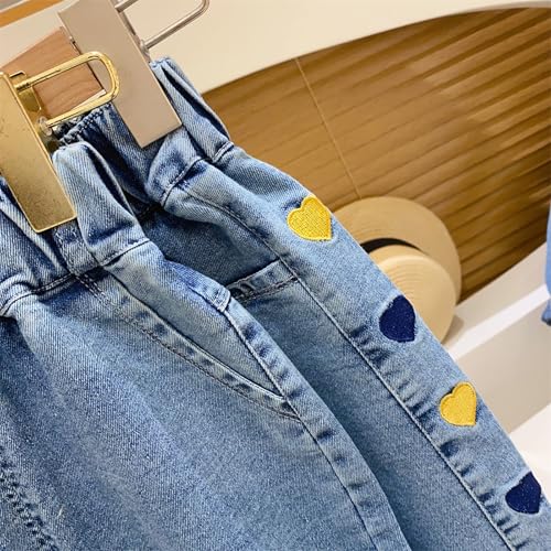 Jeans for Toddler Kids Straight Leg Embroidered Denim Pants Elastic Waist Trousers Cute Trendy Streetwear with Pockets3