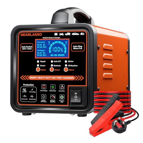 GEARLASSO 12V 24V Car Battery Charger Heavy Duty, 0-15A Automatic Battery Maintainer with Auto Shutoffs, Repair and Winter Mode, Smart Trickle Charger for Car Truck Motorcycle RV AGM Deep Cycle
