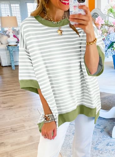 Image of SHEWIN Womens Tops Casual Short Sleeve Sweatshirt Crewneck Striped Shirt Pullover T Shirts Loose Blouses