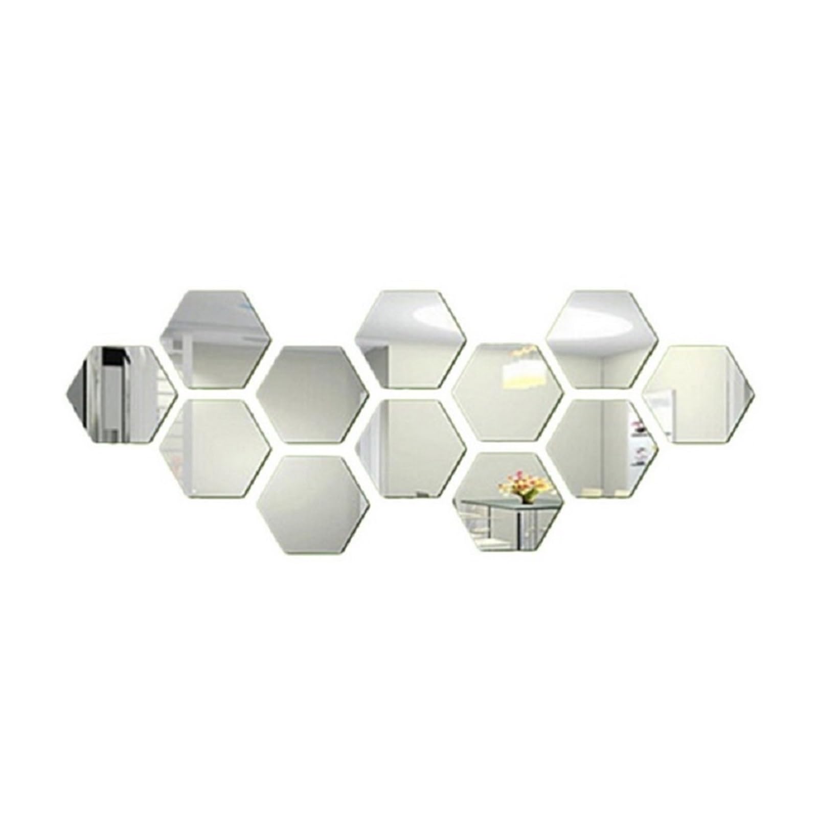 Hexagonal Mirror Wall Sticker 6/12pcs 3D Mirror Wall Sticker Hexagon Decal Home Decor DIY Self-Adhesive Mirror Decor Stickers Art Wall Decoration 150mm Large(12PCS Silver,M 100x85x50mm)