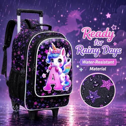 Image of CCJPX 18 inch Unicorn Rolling Backpack for Girls, 3Pcs Kids Wheeled Bookbag with Lunch Box, Lightweight Roller School Bag for Elementary Preschool (Black)