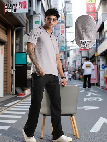 Image of fanideaz Mens Jacquard Tshirt Regular Fit Premium Collar t Shirts for Mens with Classic Style Polo Tshirts Shirts for Men Casual wear and Modern Zipper t Shirts for Men