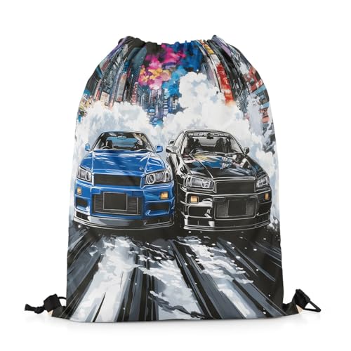 Speed Racing Car Drawstring Backpack,Modern Extreme Sports Drawstring Bag,Watercolor Street Building Adjustable Draw String Bag,Lightweight