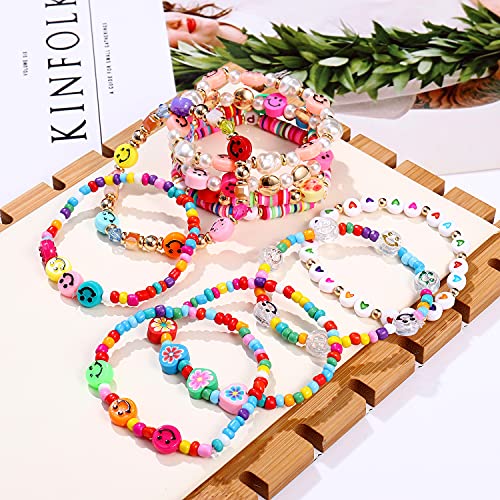 Beaded Bracelet Set Stack Colorful Happy Face Charm Pearl Heishi Beaded Stretchy Bracelet Summer Beach Bracelet Jewelry 5