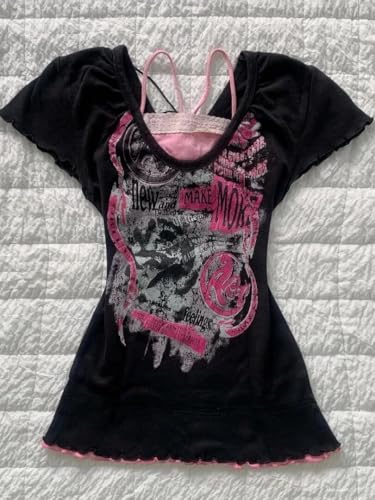 Image of Kawaii Cutecore Harajuku Y2k 2000s Tops Summer Preppy Aesthetic Alt Goth Emo Short Sleeve Graphic Tees