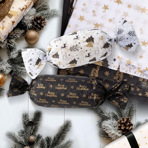 BeBesta Papel de embrulho de Natal dourado preto árvore rena papel de embrulho de presente Feliz Nat