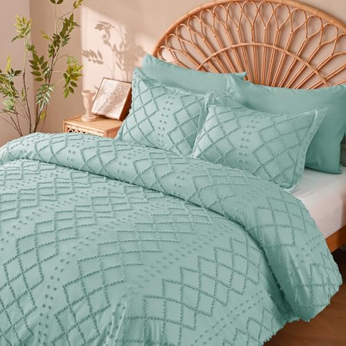 Manyshofu 5Pcs Boho Queen Duvet Cover Set - Tufted Sage Green Duvet Cover Pattern, Shabby Chic Boho Bedding Set Textured Comforter Covers with Embroidery Pillow Shams by Manyshofu - Used condition - US$22.32