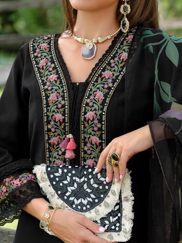 Image of INDO ERA Women's A-Line Silk Blend Floral Embroidered Kurta & Pant with Dupatta Set (IEOUT10970)