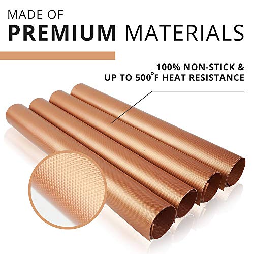 Premium Large Copper Grill And Bake Mats Set Of 4 With Oil Brush - 15.75 X 13 Inches - Non Stick Bbq Grill Mats For Grilling & Baking On Gas, Charcoal, And Bbq Grills - Easy To Clean And Reusable #TOP3