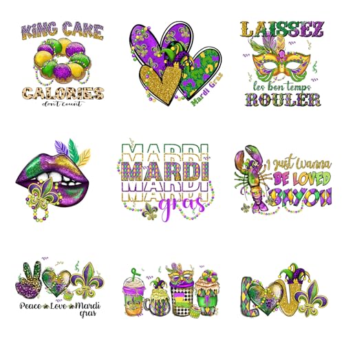 9pcs Mardi Gras Love Iron On Decals Thermal Transfer Stickers for Clothing Sublimation Patches Iron On Transfer Heat Press Vinyl for Shirts Pillow Covers Applique