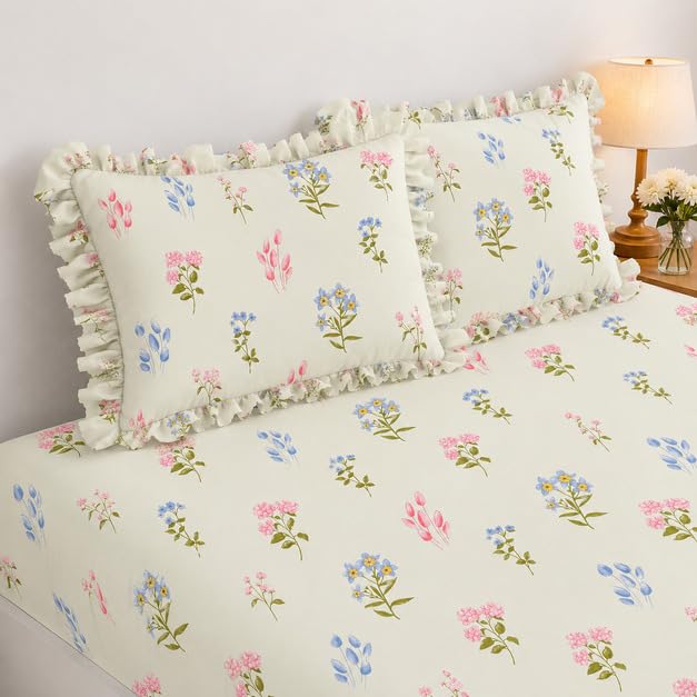 Image of 380 TC Premium Glace Cotton Elastic Fitted Bedsheet King Size with 2 Pillow Covers King Size | Double Bed with All Around Elastic (Cream Leaf, Fitted - 72 inchx78 inch King)