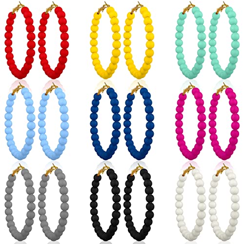Bonuci 9 Pairs Acrylic Beaded Hoop Earrings for Women Bohemian Round Bead Earrings Mixed Color Dangle Bulk Summer Beachy Set(Bright, Acrylic)