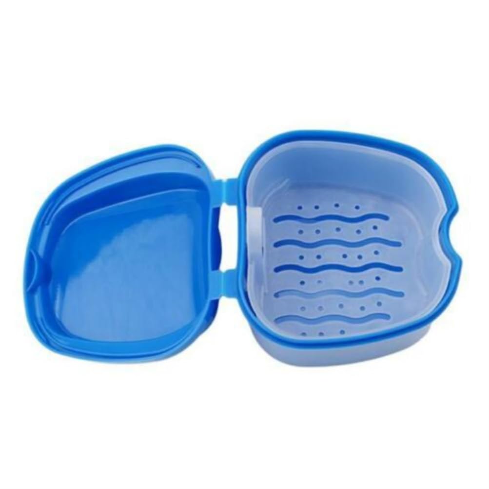 Denture Bath Box False Teeth Storage Box Mini Travel Denture Cup Case with Strainer(Navy Blue)