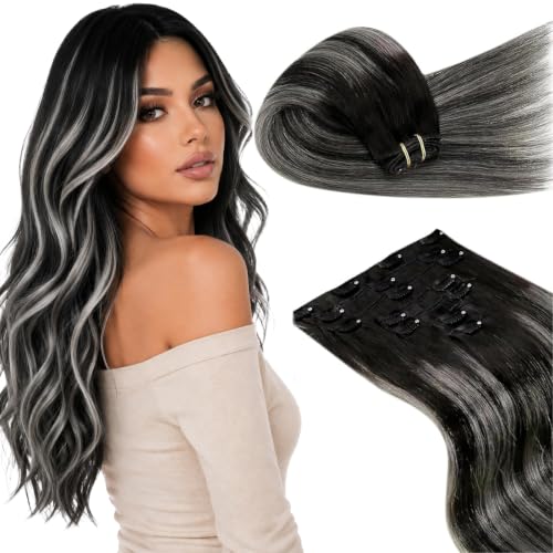 Image of LaaVoo Human Hair Clip In Extensions, Silky Straight, 14 Inch | Black Base Balayage With Silver Grey Strands, 120g 7pcs, Clip In Hair Extensions Real Human Hair, Soft, Thick Full