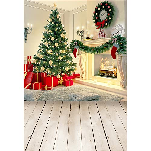 Aoihrraan 2x3m Christmas Party Decor Photography Backdrop Xmas Tree Fireplace Socks Red Gift Wood Floor Interior Background New Year Family Party Festival Celebrate Portrait Photo Studio Props