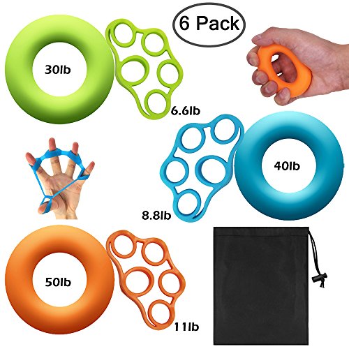 DaKuan - Juego de 6 anillos de agarre de mano con 3 niveles y bandas de resistencia para los dedos con bolsa de transporte para ejercicios de antebrazo / guitarra, fortalecimiento de los dedos