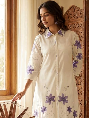 Image of INDO ERA Women's Pure Cotton Embroidered A-Line Kurta & Pant Set (IERAI11820)