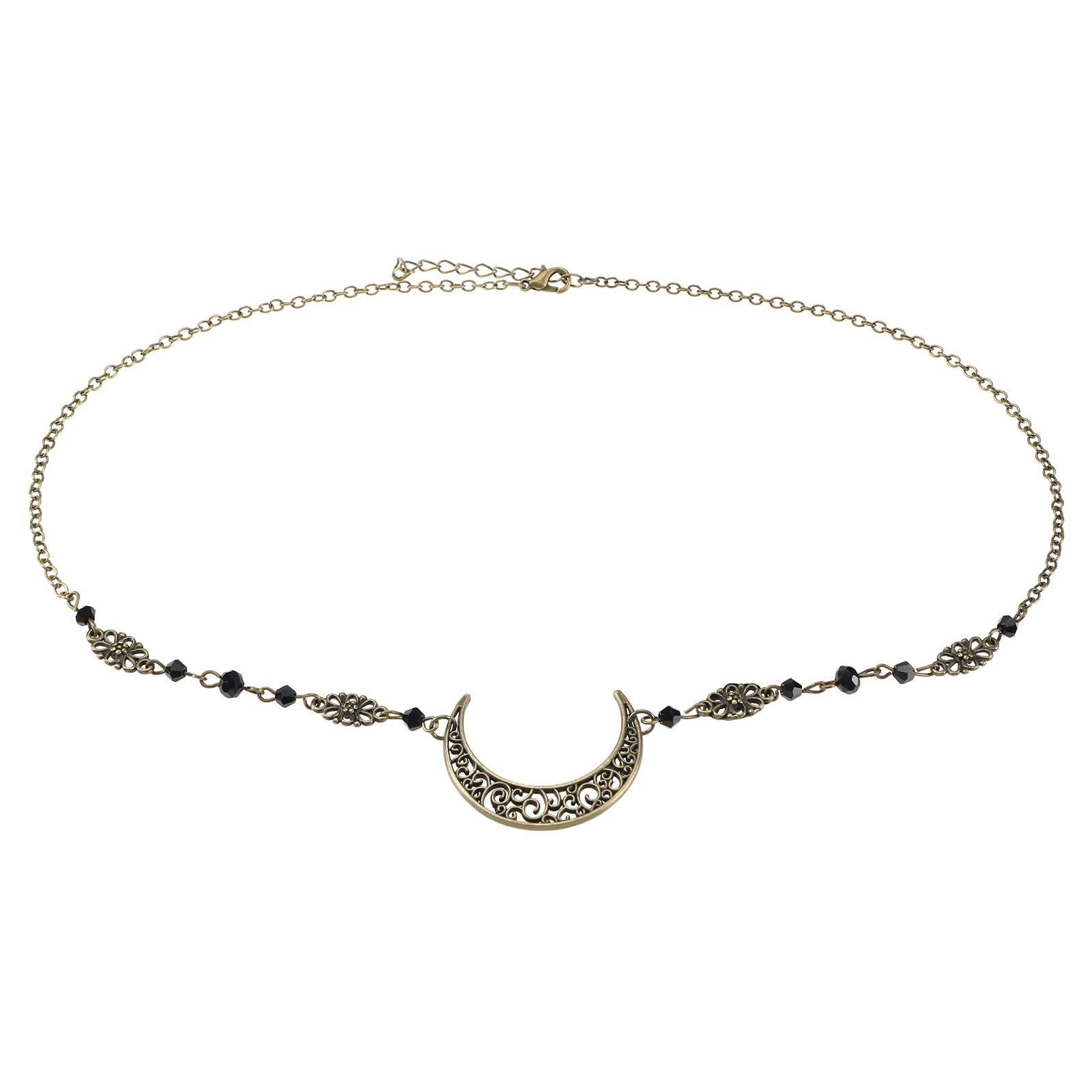 Bohemia Head Chain Hollow Crescent Moon Pendant Hair Chain Vintage Headpiece Black Crystal Beads Festival Hair Accessories for Women and Girls, 59cm, metal, no gemstone-image-4