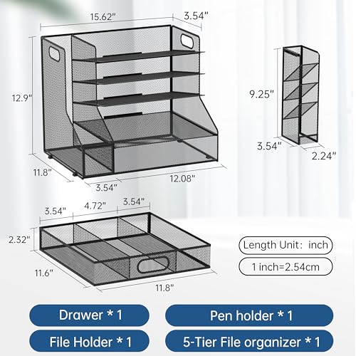 SUPEASY Desk Organizer with File Holder, 5-Tier Mesh Paper Letter Tray and 3 Tilted File Sorter for Office Supplies, Black image 3