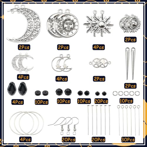 SUNNYCLUE 1 Box 10 works Halloween Earring Making Kits Sun Moon Star Charms Crescent Charm Gothic Style Charms Teardrop Round Glass Beads for jewellery Making Kits DIY Dangle Earrings Gift Supplies - Image 3