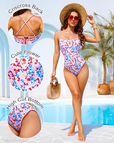 Image of Jolefille Womens One Piece Swimsuit Tummy Control Modest Bathing Suit Teen Girls Swim Suit Cute Floral Swimwear