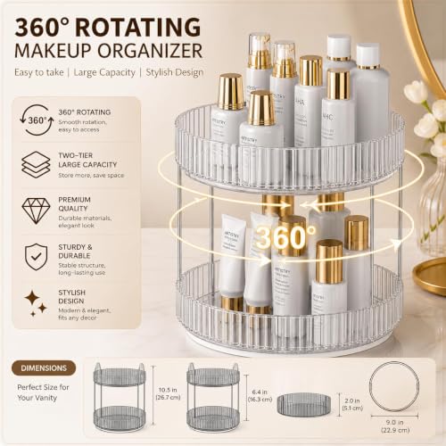 Image of MECHDEL Makeup Organiser Box with Drawers, Perfume, Cosmetic and Skincare Storage Stand, Dressing Table Organiser for Lipstick, Nail Polish (360 Rotating-Transparent White, 2 Tier)