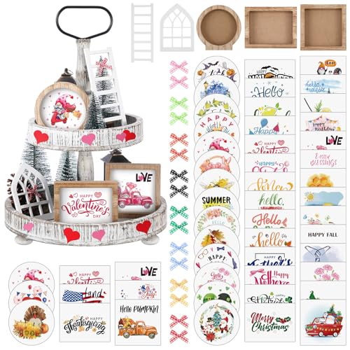 48 Pcs Interchangeable Seasonal Tiered Tray Decor Set Farmhouse Spring Easter Tiered Decorations Include Wood Frames with Ladders Cards Bow Knot, Tray Not Included(Fresh Color,Year Round Seasonal)
