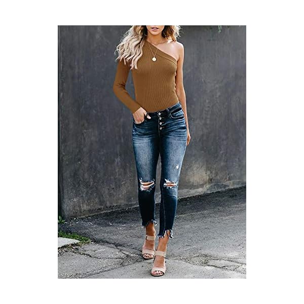 REORIA-Womens-Sexy-One-Shoulder-Short-Sleeve-Knit-Ribbed-Top-Bodysuits Long Sleeve Bodysuit Women Sexy One Shoulder Off The Shoulder Body Suits Knit Ribbed Stretchy Leotard Backless Bodysuits Brown Medium