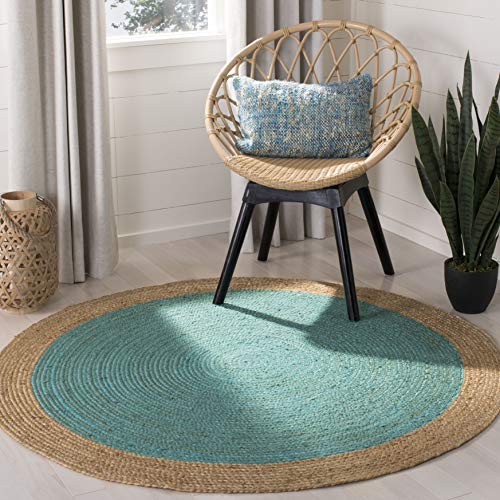 Safavieh Fiber Collection NF801E Hand-Woven Jute Area Rug, 7' Round, Teal/Natural