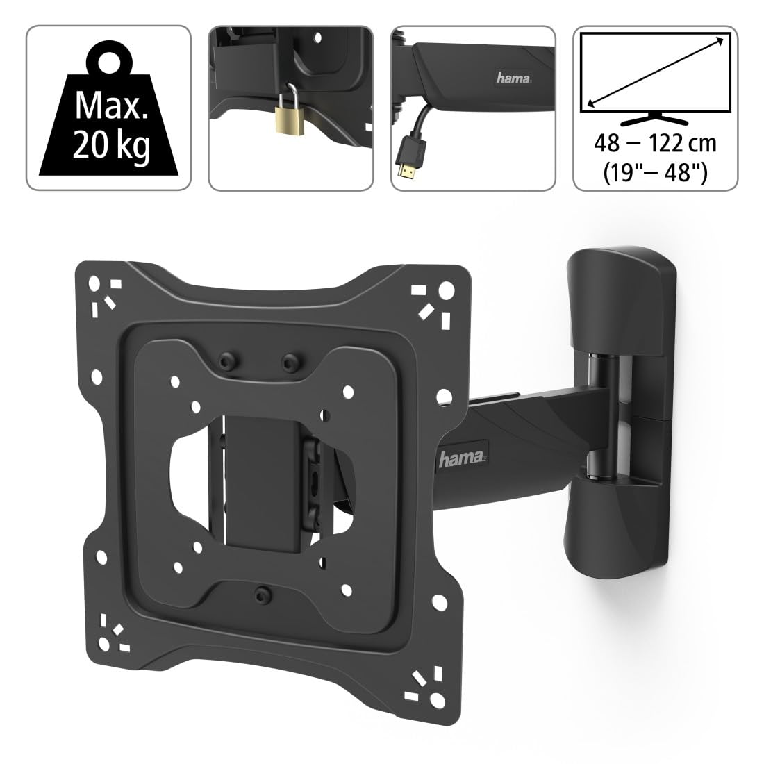 Hama Support Mural TV Pivotable Inclinable Dispositif Antivol Garantie 10 Ans (TV 19" à 48", 122cm 20kg Max, Inclinaison - 5/+15°, Rotation 180°, VESA 200x200 Max, Chevilles Fischer) Noir