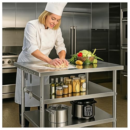 Image of Stainless Steel Table with Wheels for Food Preparation and Work, Multi-Size Optional, Three-Layer Variable Two-Layer Metal Commercial Workbench Outdoor, Restaurant, Kitchen (36 inch Lx32 Wx34 H)
