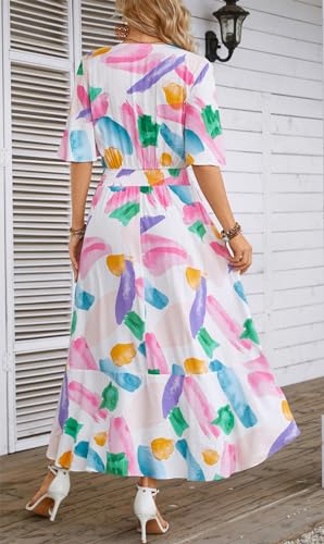 Image of Kormei Women Short Sleeve V Neck Floral High Low Flowy Summer Party Long Maxi Dress