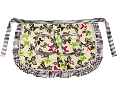Love Potato Plus Size Apron for Women, Green Butterfly Waist Apron with Pockets, Durable Cotton Machine Washable for Waitress, Restaurant, Cafe, Home Kitchen