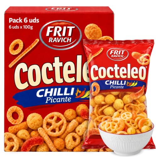 Cocteleo Snacks Chilli picante Frit Ravich, Coctel de aperitivos, Con un sabor sabor picante, Aptas para vegetarianos, Contiene Gluten y leche, Producto Español, Contiene 6 Bolsas de 100 gr