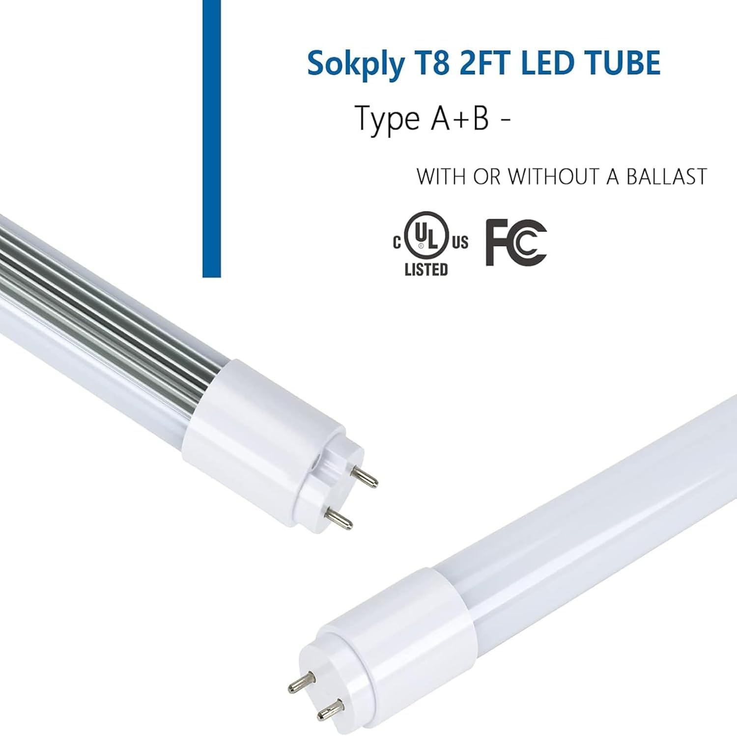 Tubo de luz LED T8 de 2 pies, híbrido tipo A+B, 15 W, 1875 lm, bombilla LED de 24 pulgadas, reemplazo fluorescente de luz diurna de 5000 K (15 W = 26 W), Plug and Play o derivación de balasto