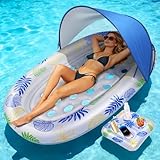 Cheffery Luftmatratze Pool Erwachsene 180x110 cm, Tanning Pool mit Lichtern, Aufblasbares Schwimmbett Luftmatratze Wasser mit Sonnendach Kopfstütze Getränkehalter und Eisbar für Sommerspaß Wasserparty