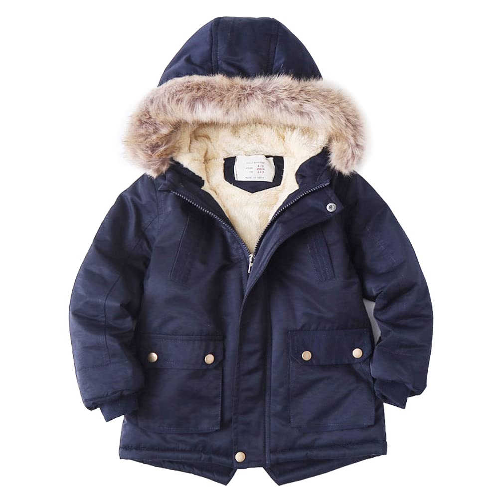 Cazadora Chaqueta de invierno para niños, resistente al viento, con capucha, de forro polar grueso, para exteriores, de algodón, cuello de piel, monocolor, azul marino, 152/158 cm