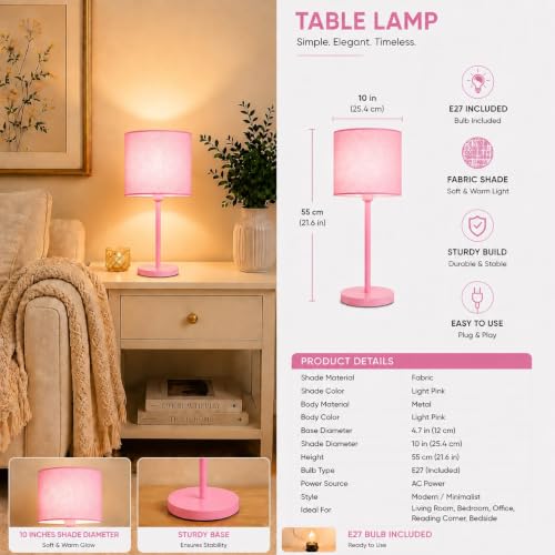 Image of THE GRANDEUR Table Lamp with Fabric Shade, 55 cm, Pink, Metal Base
