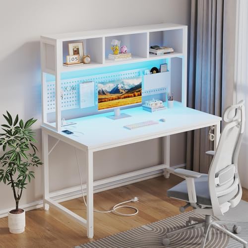 White Computer Desk with Hutch and Pegboard - Computer Desk with Power Outlets, 47 Inch Modern Study Teen Desk with Pegboard Storage Bag, Hooks and Side Bag,Writing Desk for Bedroom Home Office - Image 3