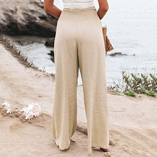 Wide Leg Linen Pants for Women Summer Drawstring Beach Pants Casual Beach Long Trouser Comfy Lounge Pants4