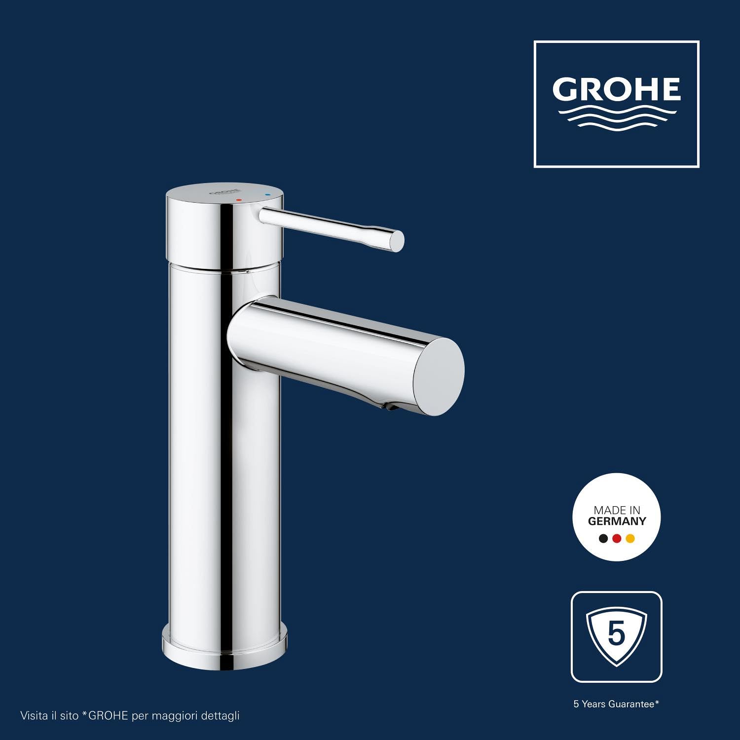 GROHE Essence Rubinetto Miscelatore Monocomando per Lavabo con Piletta Click Clack, Ecojoy, Bocca Fissa, Cromo 34294001