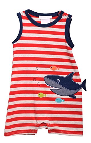 Bonnie Jean Red and White Striped Shortall Shorts Set with Shark Applique, 6-9M, Red