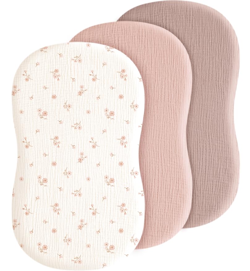 Image of Coreeky Baby Bassinet Sheets 3 Pack for Boys & Girls, Soft Breathable Muslin Cotton Bassinet Mattress Cover, Universal Fit for Hourglass, Oval, and Rectangle Mattress (Daisy Petal)