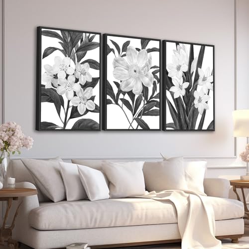 Large Framed Flower Wall Art - Blooming Floral Wall Decor 24"x36" Set of 3 Black and White Painting Prints Vintage Botanical Canvas Pictures for Living Room Bedroom Office Artwork by HWAXUOEN - Used condition - US$111.38