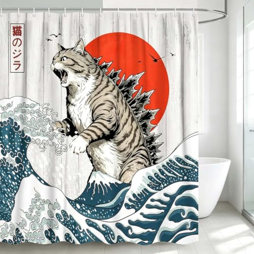 JAWO Funny Cat Shower Curtain, Japanese Wave Cat Monster Fabric Shower Curtain, Kanagawa Wave Retro Japanese Art Bathroom Curtain with Hooks, Water-Resistant Anime Cat Themed Bath Curtain, 72X72inch
