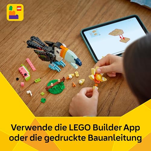 LEGO Creator Wilde Tiere: Tropischer Tukan - 3-in-1-Spiel Tier verwandelt Sich in Schmetterling Minifigur oder Fisch - Kreatives Spielzeug - Geschenk für Mädchen und Jungen ab 7 Jahren 31173