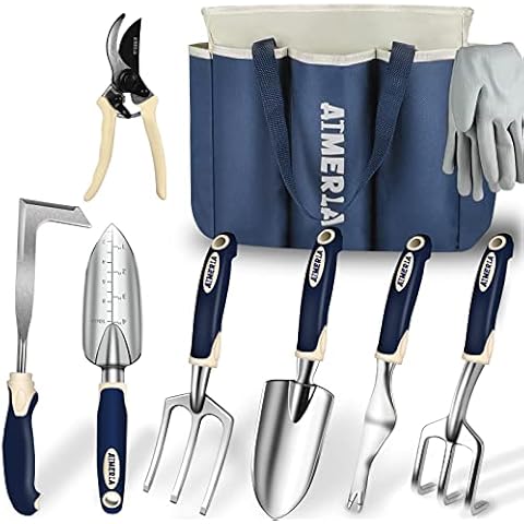 Aimerla Gardening Tools Set of 9 Heavy Duty Garden Tools with Non-Slip Rubber Grip with Large Garden Bag for Tools Durable Hand Tools for Gardening, Weeding,Gardening Gifts for Women,Men Cover