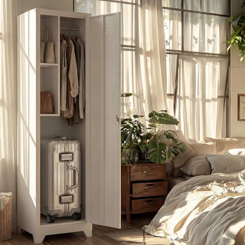 Image of Slim Broom Storage Cabinets, Metal Cabinet with Shelves and Hanging Rod, 15.75 inch W Utility Storage Cabinet with Locking Door, Slim Cabinet for Small Spaces, Kitchen, Pantry, Office, Shop