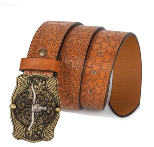 Image of UTOWO Western PU-Leather Cowboy Buckle Belt for Men and Women Jeans Engraved Floral Longhorn Bull Buckle Belt (25-38 inch waist)