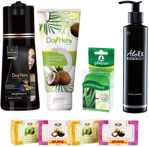 Set A54 Dayherb Herbal Shampoo Conditioner Gray Hair AloEx Black Shampoo 200ml. Nourish Hair DHL EXPRESS By Thaigiftshop [Get Free Tomato Facial Mask]